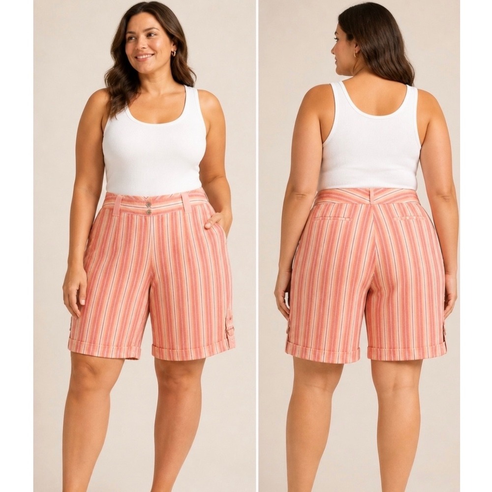Chicos Linen Blend Striped Bermuda Shorts Coral Orange White Size 2.5 L 14 EUC
